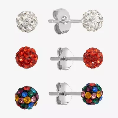 Silver Treasures Stud Womens Multi Color Crystal Sterling Silver 3 Pair Earring Set