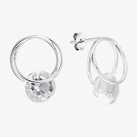 Silver Treasures Double Hoop Womens Crystal Sterling Silver Drop Earrings