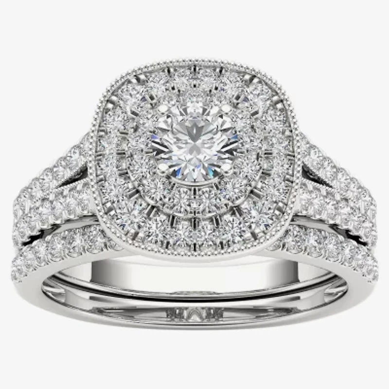 Womens 3/4 CT. T.W. Natural White Diamond 14K Gold Cushion Side Stone Halo Bridal Set