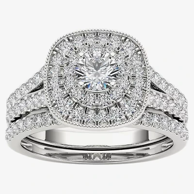 Womens 3/4 CT. T.W. Natural White Diamond 14K Gold Cushion Side Stone Halo Bridal Set