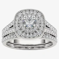 Womens 3/4 CT. T.W. Natural White Diamond 14K Gold Cushion Side Stone Halo Bridal Set