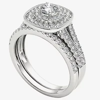 Womens 3/4 CT. T.W. Natural White Diamond 14K Gold Cushion Side Stone Halo Bridal Set