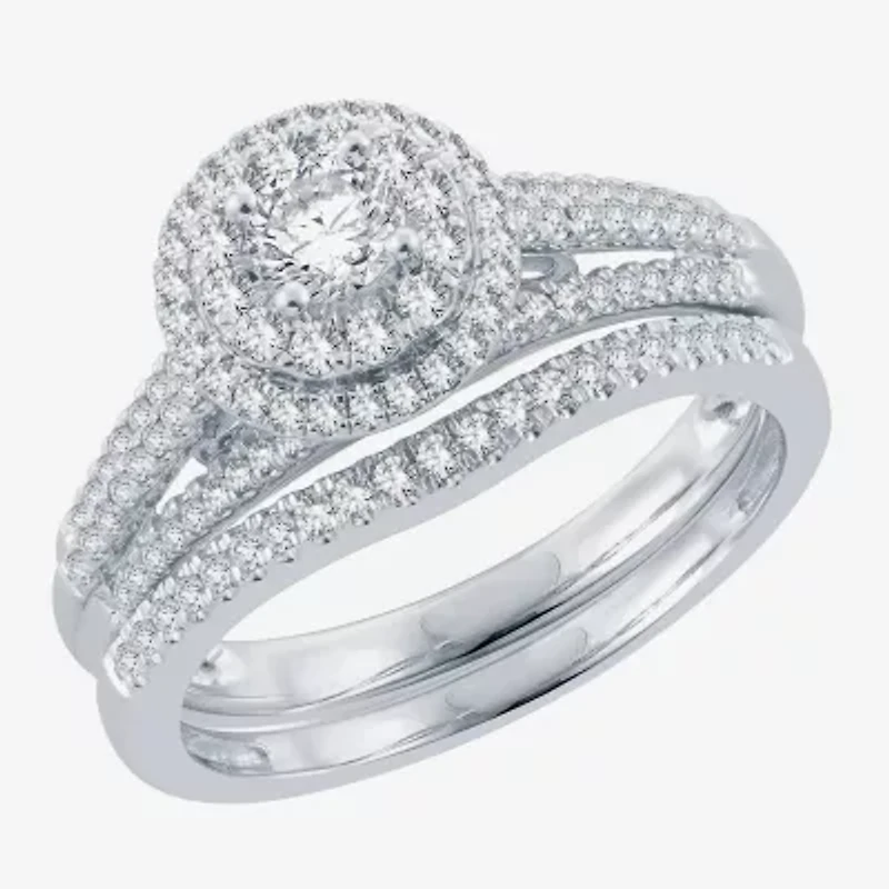 Signature By Modern Bride Womens 3/4 CT. T.W. Natural White Diamond 14K Gold Round Halo Bridal Set