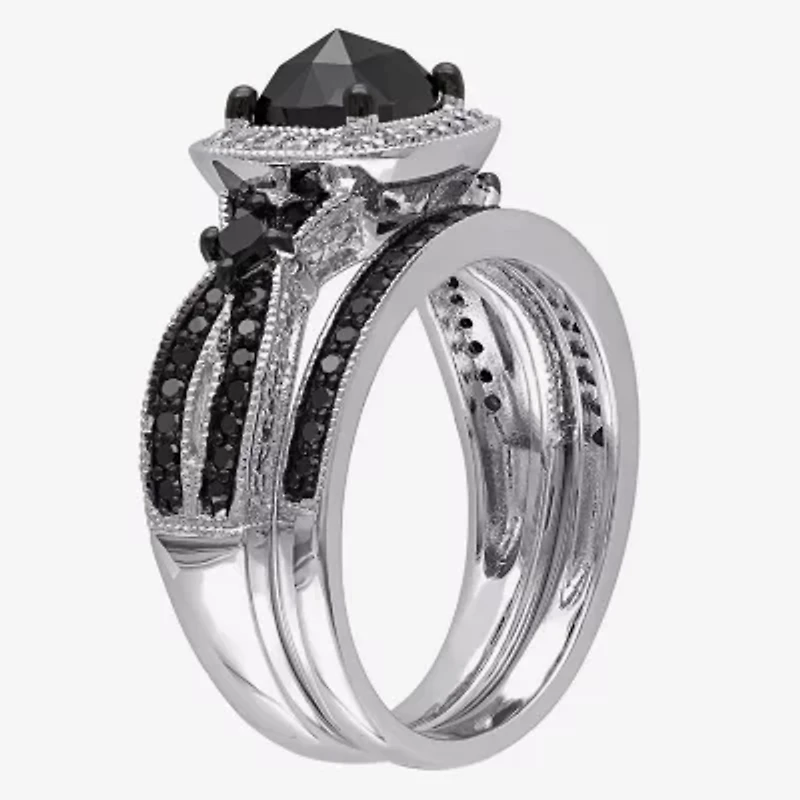 Womens 1 1/2 CT.T.W. Color Enhanced Black & White  Diamond Sterling Silver Bridal Set