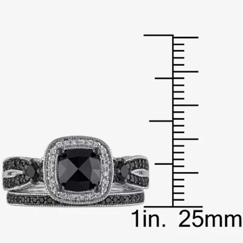 Womens 1 1/2 CT.T.W. Color Enhanced Black & White Diamond Sterling Silver Bridal Set