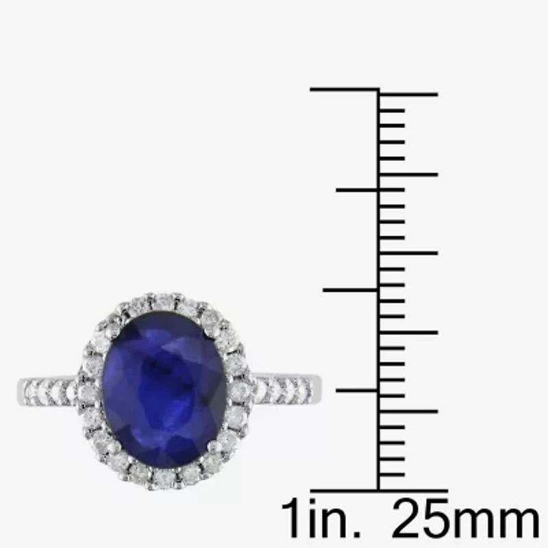 Modern Bride Gemstone Womens 3/8 CT. T.W. Genuine Blue Sapphire 14K White Gold Oval Side Stone Halo Engagement Ring
