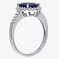 Modern Bride Gemstone Womens 3/8 CT. T.W. Genuine Blue Sapphire 14K White Gold Oval Side Stone Halo Engagement Ring