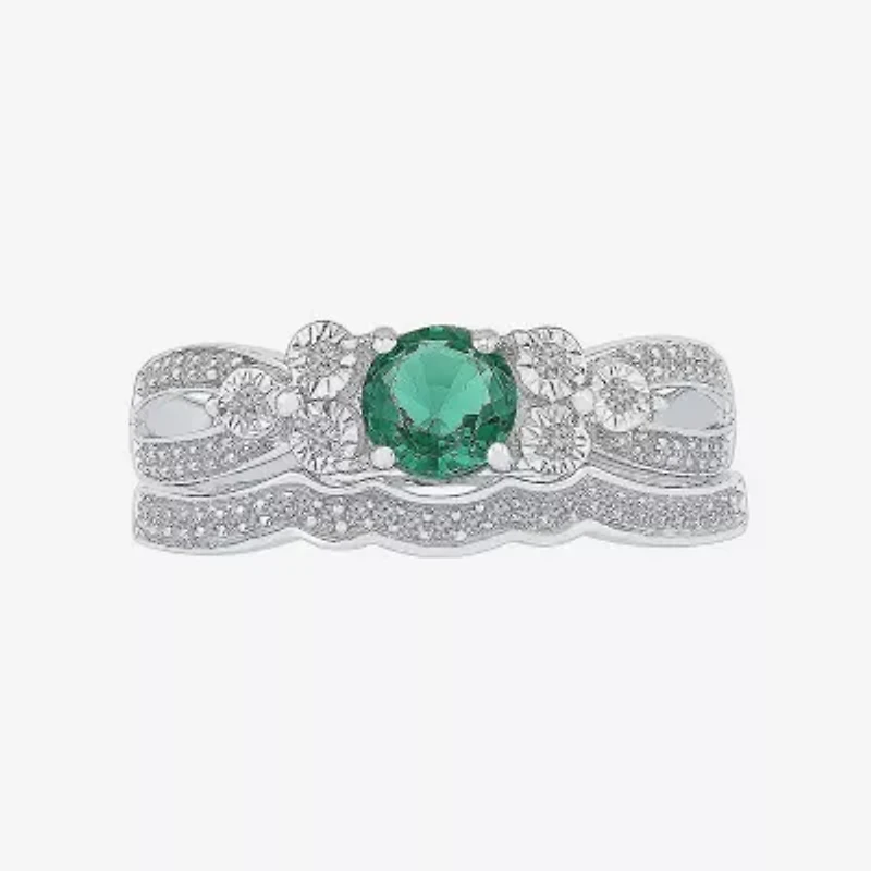 Modern Bride Gemstone Lab Created Emerald & 1/5 CT. T.W. Diamond Sterling Silver Bridal Set