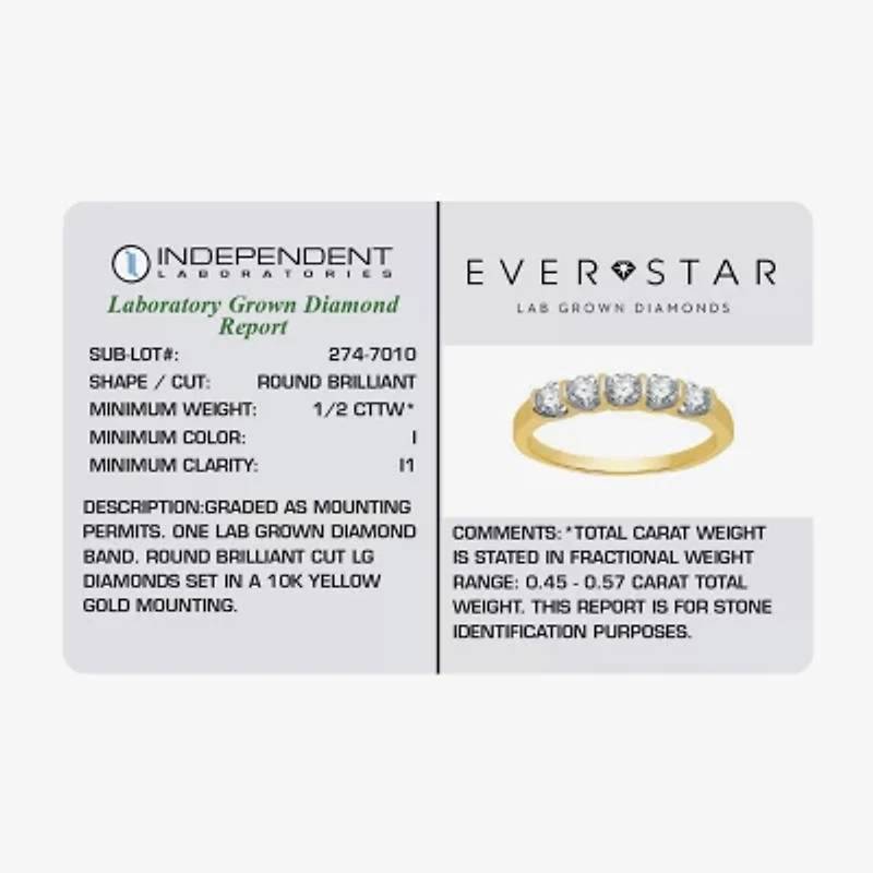 (H-I / I1) Womens 1/2 CT. T.W. Lab Grown White Diamond 10K Gold 5-Stone Anniversary Band