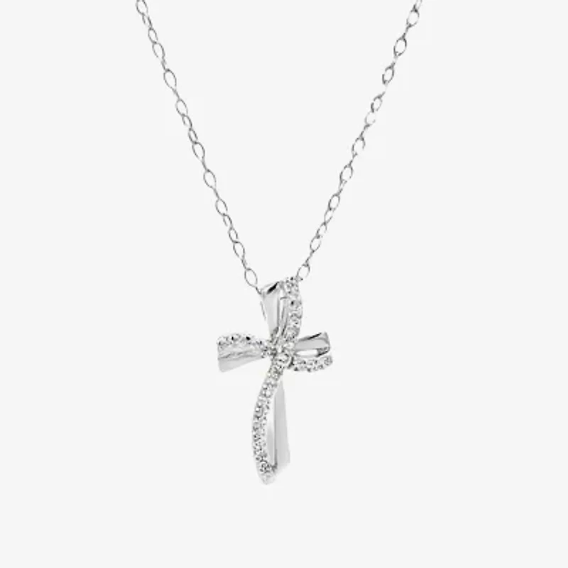 Silver Treasures Womens White Cubic Zirconia Sterling Silver Cross 18 Inch Pendant Necklace