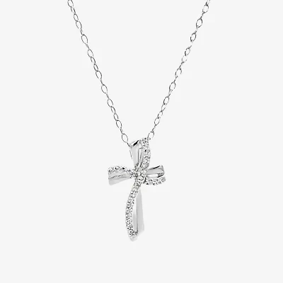 Silver Treasures Womens White Cubic Zirconia Sterling Silver Cross 18 Inch Pendant Necklace