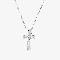 Silver Treasures Womens White Cubic Zirconia Sterling Silver Cross 18 Inch Pendant Necklace