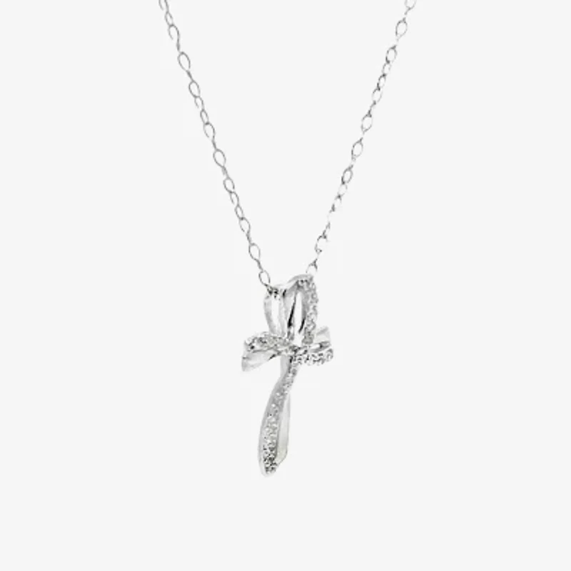 Silver Treasures Womens White Cubic Zirconia Sterling Silver Cross 18 Inch Pendant Necklace