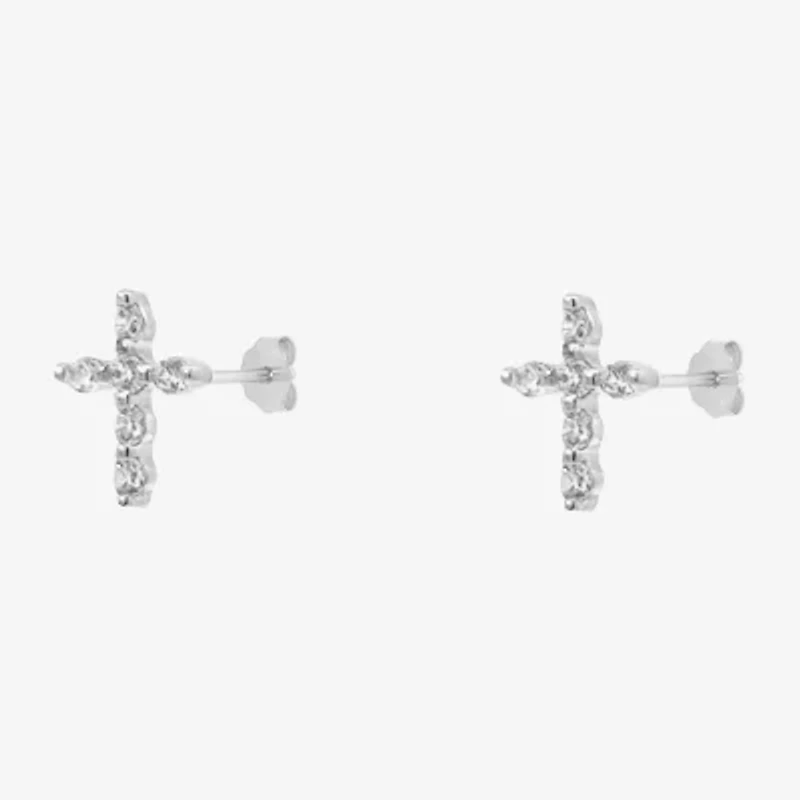 Silver Treasures White Cubic Zirconia Sterling Silver 9.5mm Cross Stud Earrings