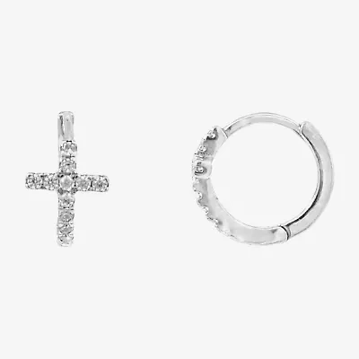 Silver Treasures Womens White Cubic Zirconia Sterling Silver 13mm Cross Hoop Earrings