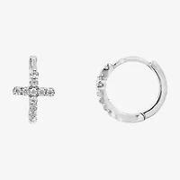 Silver Treasures Womens White Cubic Zirconia Sterling Silver 13mm Cross Hoop Earrings