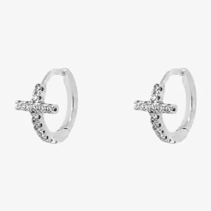 Silver Treasures Womens White Cubic Zirconia Sterling Silver 13mm Cross Hoop Earrings
