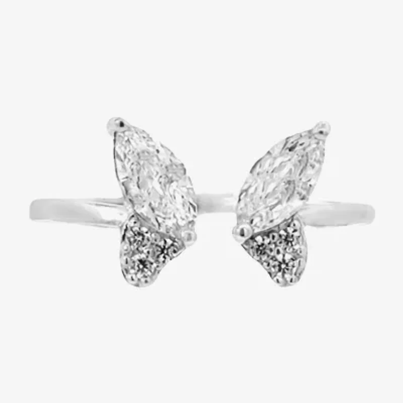 Silver Treasures Womens White Cubic Zirconia Sterling Butterfly Delicate Stackable Ring