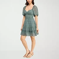 Trixxi Womens Short Sleeve Plaid Fit + Flare Dress Juniors