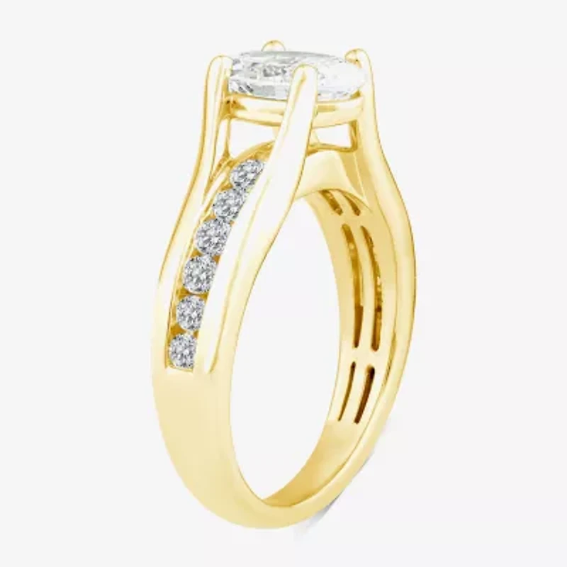 (F,Vs2) Womens 2 CT. T.W. Lab Grown White Diamond 10K Gold Oval Side Stone Engagement Ring