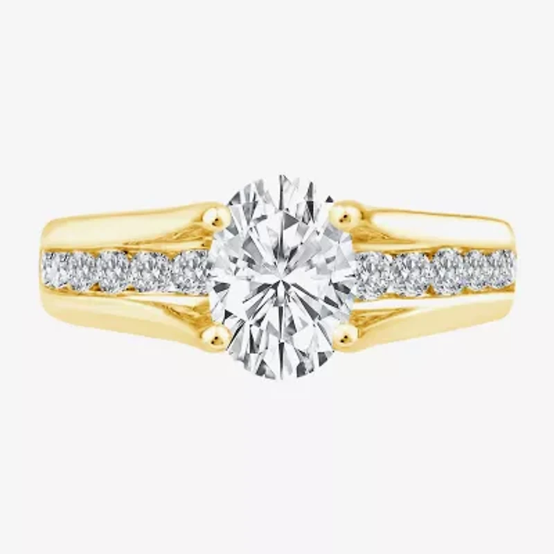 (F,Vs2) Womens 2 CT. T.W. Lab Grown White Diamond 10K Gold Oval Side Stone Engagement Ring