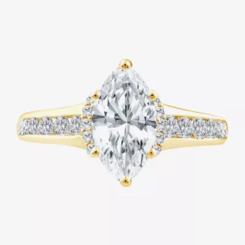 (F,Vs2) Womens 1 1/2 CT. T.W. Lab Grown White Diamond 10K Gold Marquise Side Stone Engagement Ring