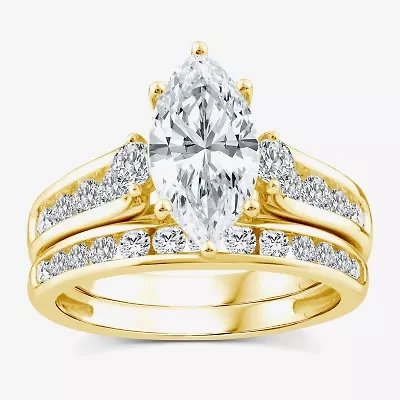 (F,Vs2) Womens 3 CT. T.W. Lab Grown White Diamond 14K Gold Marquise Side Stone Bridal Set