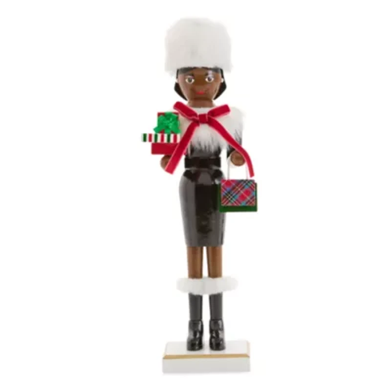 North Pole Trading Co. 14in Shopper Girl African American Wood Christmas Nutcracker