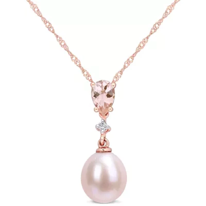 Womens Diamond Accent Dyed Pink Cultured Freshwater Pearl 10K Rose Gold 17 Inch Pendant Necklace