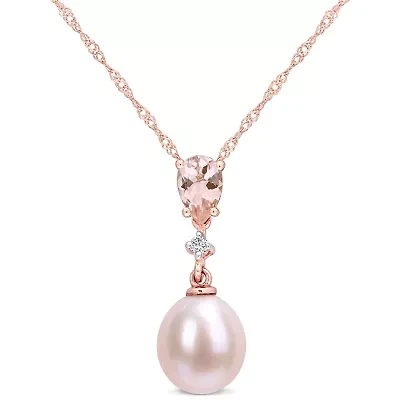 Womens Diamond Accent Dyed Pink Cultured Freshwater Pearl 10K Rose Gold 17 Inch Pendant Necklace