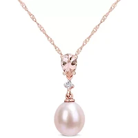 Womens Diamond Accent Dyed Pink Cultured Freshwater Pearl 10K Rose Gold 17 Inch Pendant Necklace