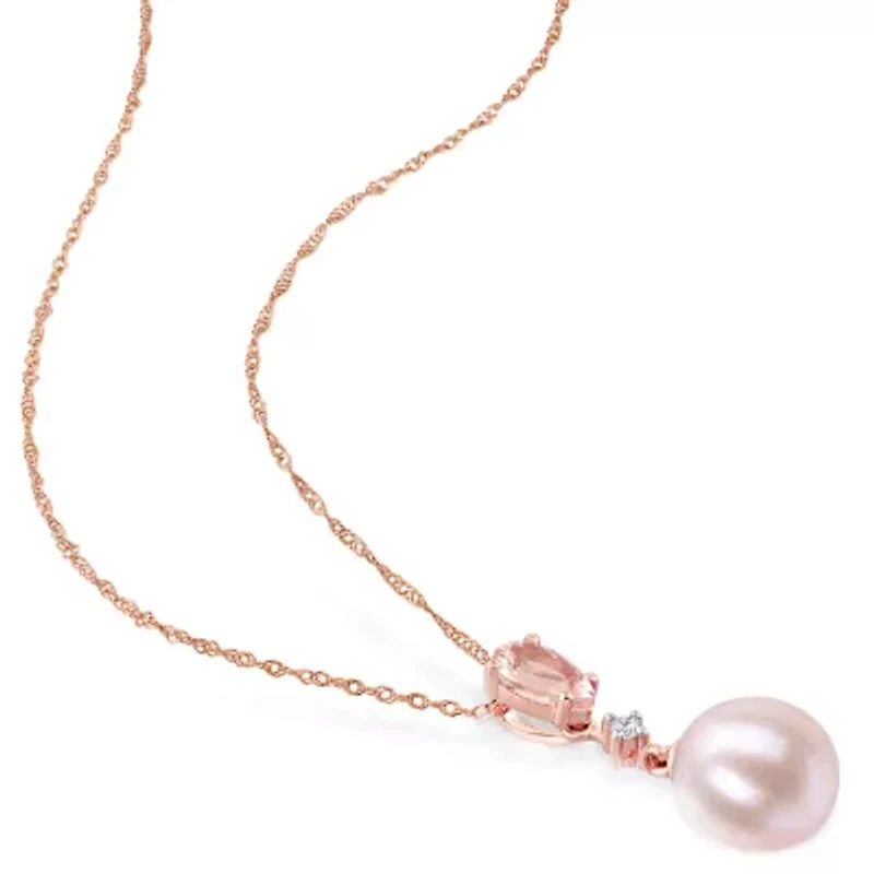Womens Diamond Accent Dyed Pink Cultured Freshwater Pearl 10K Rose Gold 17 Inch Pendant Necklace