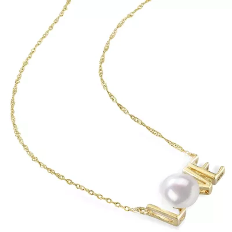 Love" Womens White Cultured Freshwater Pearl 10K Gold 17 Inch Pendant Necklace