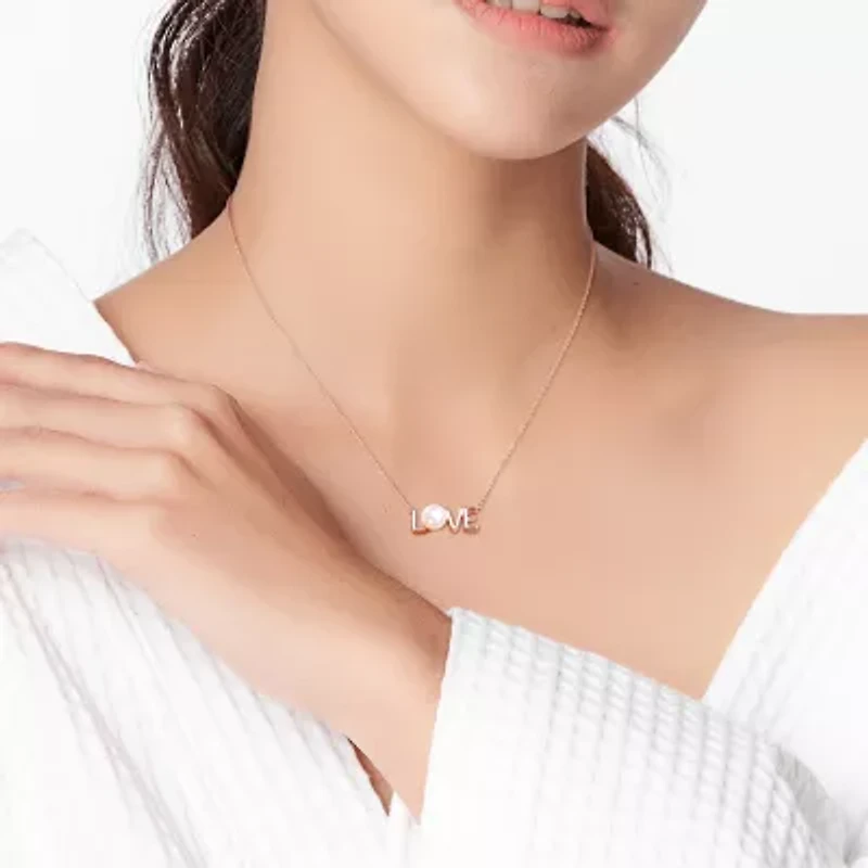 Love" Womens White Cultured Freshwater Pearl 10K Rose Gold 17 Inch Pendant Necklace