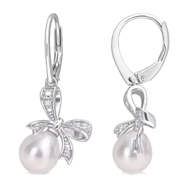 Womens Diamond Accent White Cultured Freshwater Pearl Sterling Silver Drop Earrings