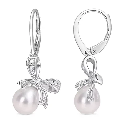 Womens Diamond Accent White Cultured Freshwater Pearl Sterling Silver Drop Earrings