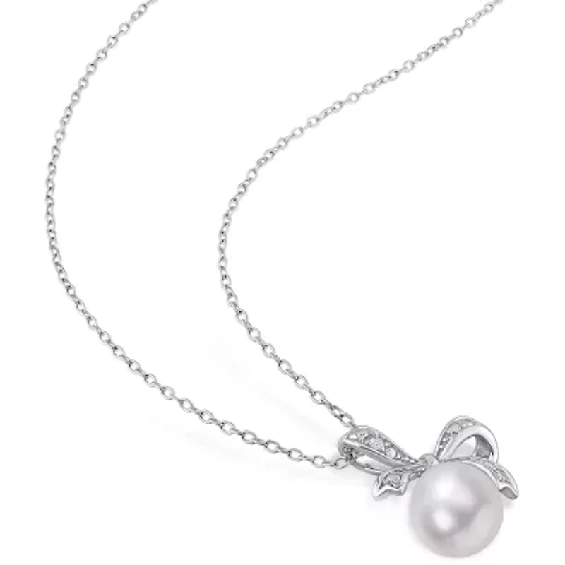 Womens Diamond Accent White Cultured Freshwater Pearl Sterling Silver Bow 18 Inch Pendant Necklace