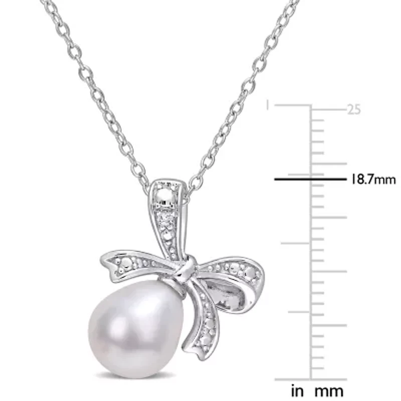 Womens Diamond Accent White Cultured Freshwater Pearl Sterling Silver Bow 18 Inch Pendant Necklace
