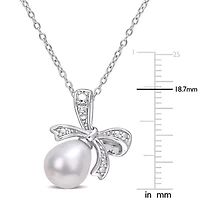 Womens Diamond Accent White Cultured Freshwater Pearl Sterling Silver Bow 18 Inch Pendant Necklace