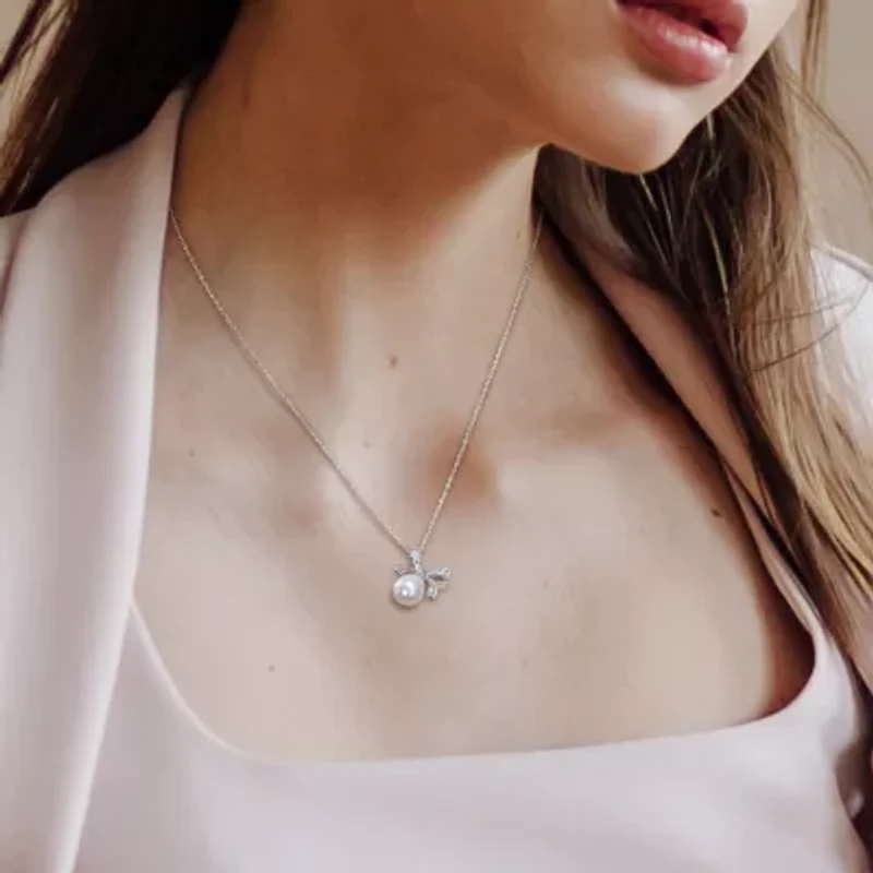 Womens Diamond Accent White Cultured Freshwater Pearl Sterling Silver Bow 18 Inch Pendant Necklace