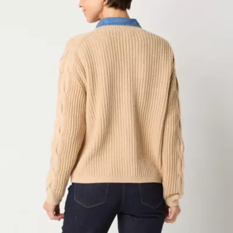 St. John's Bay Womens V Neck Long Sleeve Button Cardigan