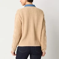 St. John's Bay Womens V Neck Long Sleeve Button Cardigan