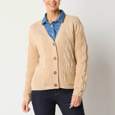 St. John's Bay Womens V Neck Long Sleeve Button Cardigan