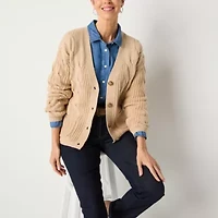 St. John's Bay Womens V Neck Long Sleeve Button Cardigan