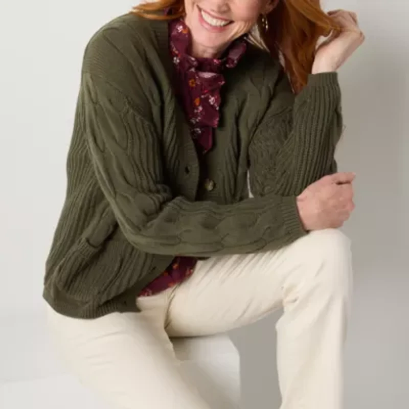 St. John's Bay Womens V Neck Long Sleeve Button Cardigan