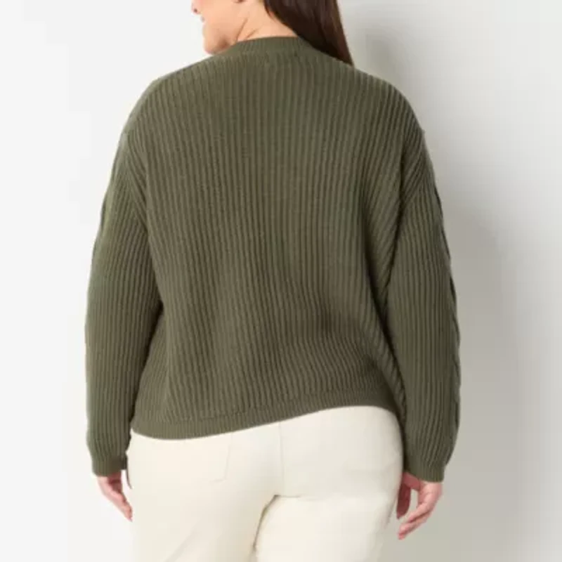 St. John's Bay Womens V Neck Long Sleeve Open Front Plus Cable Knit Cardigan