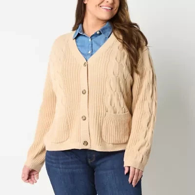 St. John's Bay Womens V Neck Long Sleeve Open Front Plus Cable Knit Cardigan