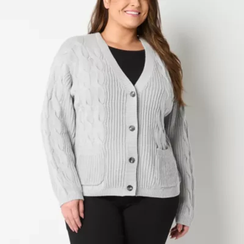 St. John's Bay Womens V Neck Long Sleeve Open Front Plus Cable Knit Cardigan