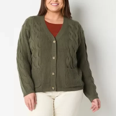St. John's Bay Womens V Neck Long Sleeve Open Front Plus Cable Knit Cardigan