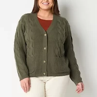 St. John's Bay Womens V Neck Long Sleeve Open Front Plus Cable Knit Cardigan